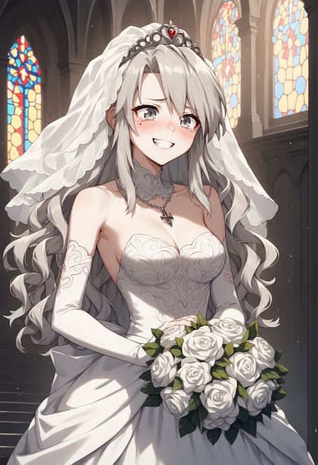 1girl, pale skin, grey eyes, grey hair, long hair, curly hair, mole under eye, makeup, hat, white veil, bride, wedding dress, bouquet, indoors, church, smile, teeth, blush, tearing up, bridal gauntlets,  <lora:Kriemhild:0.8> medium breasts,, score_9, score_8_up, score_7_up, score_6_up, score_5_up, score_4_up, BREAK source_anime, masterpiece