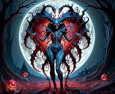 A bioluminescent demon, clad in a crimson gown of shimmering, pulsating flesh, clutches a beating, oversized heart, its arteries glowing with an eerie, internal light.  The heart, wrapped with thorny, black vines instead of ribbons, drips ichor onto the frost-covered ground.  The demon writhes with manic glee, its form a grotesque symphony of bone, sinew, and iridescent fluids, dancing in the moonlight.  Long, skeletal shadows writhe and contort in the absurd dance of madness, shaped like grotesque valentines
<lora:corcoc1s:0.8> corcoc1s