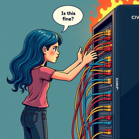 a young woman with blue hair stands in front of a server rack, ((In a panic he rips many colorful patch cables out of the server rack)), (on the server rack is the text: "CIVITAI"), (Above his head is a speech bubble with the text: "Is this fine?"), the server rack is burning and smoking, view from side, side view,