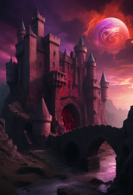of a CGI-rendered scene featuring a medieval castle under a vivid red and purple sky, bathed in a surreal, otherworldly glow. The castle, constructed from weathered stone, is prominently positioned in the background, with its tall, cylindrical towers and battlements casting long, ominous shadows. The texture of the stone is rough and uneven, with visible cracks and crevices, giving it a sense of age and resilience.   Dominating the sky is a large, swirling, fiery orb, radiating a deep red and purple hue, with jagged, fiery tentacles extending from it, resembling a malevolent, cosmic entity. The sky is dark and ominous, with swirling, chaotic patterns that evoke a sense of turmoil and chaos.   In the foreground, a stone bridge spans a deep chasm, connecting two parts of the castle, adding a sense of scale and depth to the scene. The bridge is detailed with intricate stone work and arches, contributing to the medieval aesthetic. The overall color palette is dominated by reds, purples, and blacks, creating a stark and foreboding atmosphere. The CGI style enhances the surreal and fantastical nature of the scene, making it appear as if it is a vivid dream or a dark fantasy.