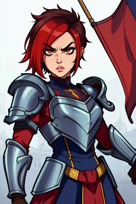 Ash, short multicolored hair,brown eyes,lips, hair over eye, standing, serious expression, upper body, closed fists, 
AshBS, AshAr, shoulder armor ,armor ,boots , blue and red pelvic curtain , 
battle ground, blue and red flag in background, morning, (insanely detailed, beautiful detailed face, masterpiece, beautiful detailed eyes, best quality) <lora:ASH-10v2:0.7>