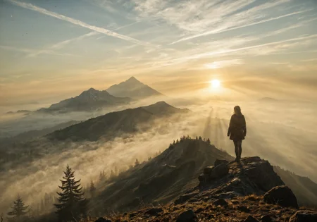 masterpiece, best quality, ultra-detailed, realistic skin, depth of field,
mist, fog, top of a mountain, sunrise