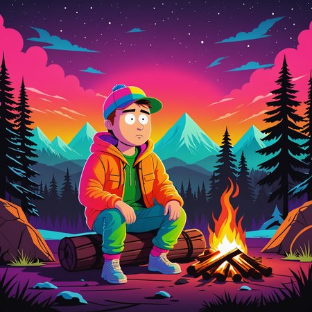 South Park animation style, a cocky confident Fuckboy by a campfire at night, wilderness, rainbow neon colors, silhouette, illustration