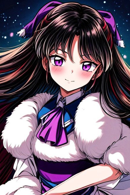 masterpiece,  best quality 1girl Setsun4 solo long hair,  (night time) forest background black hair very long hair purple eyes multicolored hair armor (fur trim) (medium body),<lora:EMS-179-EMS:0.800000>,<lora:EMS-293862-EMS:0.800000> bow, hair_bow, hair_tubes, red_bow, brown_hair, long_hair, bangs, sidelocks, ascot, brown_eyes, frilled_bow, yellow_ascot, blush, smile, hair_between_eyes