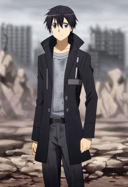 high resolution, professional photography, solo, best quality, 1Boy, Kazuto Kirigaya, Black Hair, Black Eyes, shallow depth of field, Post-Apocalyptic, survival, OverallDetail