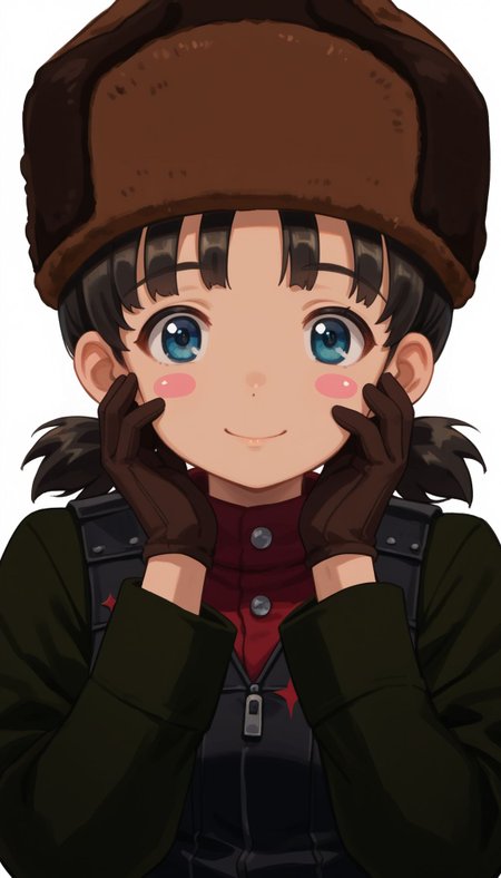 score_9, score_8_up, score_7_up, source_anime, 
 <lora:Nina (girlsundpanzer):1>  GUPNina, 1girl, pravda military uniform, fur hat, ushanka, looking at viewer, black gloves, hands on own face, blush stickers, brown headwear, long sleeves, short twintails, closed mouth, white background, upper body, green jacket, blue eyes, hands on own cheeks, simple background, smile, short hair, black hair, turtleneck, red shirt, cropped torso, low twintails, black vest
