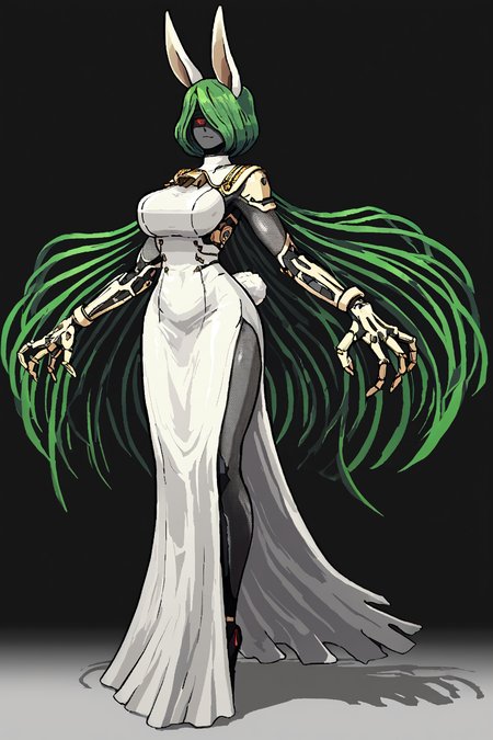 score_9, score_8_up, score_7_up, score_6_up, score_5_up, score_4_up, BREAK, source_anime, solo, 1girl, rating_safe, ((mature female)), ((long green flowing hair)), mechanical parts, ((plastic, polymer, metal body)), (big mechanical rabbit ears), mature female, (bunny ears), (animal ears), subdermal port, ((milf, mature female, big breasts)), hexagon lines in skin, naval uniform overcoat, naval uniform, white military uniform, dress_uniform, ribbons, ((red eyes)), bunny tail, rabbit tail, aiguillette, ((green hair)), ascot, ((Surreptitious shot, Bending over as if picking something up )), pilot suit, shoulder cutout, bunny rabbit Tail, ((hair over one eye, )), digitigrade, clawed feet, minimal clothes, ((metal skin, shiny skin, vampire aesthetic, digital eyes, filled eyes, monochromatic eyes, glowing eyes, colored sclera, red sclera, mechanical eyes, partially shaded face, slit pupils, angular, minimal face, minimalism, narrow eyes, large eyes)), (anubis \(mythology\), anubis \(mythology\), ), <lora:Pony_DetailV2.0:1.5>, <lora:age_slider_v4:4>, ((dark, shaded, black background, horror, GREEN HAIR,)) <lora:ECHANIS:0.7>,  <lora:Valmardraws:1> by valmardraws, pixel art