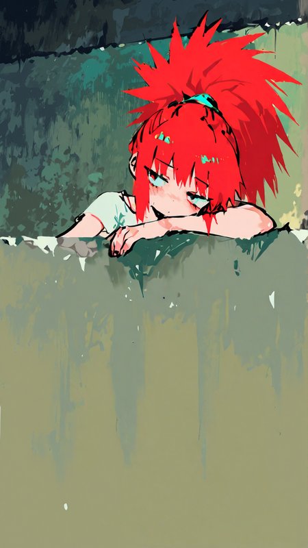 masterpiece, newest,absurdres,incredibly absurdres, best quality, amazing quality, very aesthetic, painterly,
1girl,leaning to the side, wall, red hair, wide ponytail, high ponytail, 
<lora:edanoma_meu_style:1> edanoma_meu_illu  <lora:Forest_Decay_Style_ichi_sk:1>