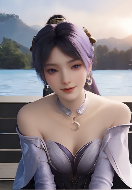 (cowboy_shot:1.5),upper_body,(,1girl, ,best quality, ),looking at viewer,ultra detailed 8k cg,ultra detailed background,ultra realistic 8k cg,cinematic bloom,luxury,jewelry,pearl,intricate detail,delicate pattern,charming,alluring,seductive,erotic,hair ornament,<lora:jiziyue_V1-000006:1>,necklace,earrings,bracelet,armlet,purple eyes,masterpiece,realistic,grove,leaning,bent_over,