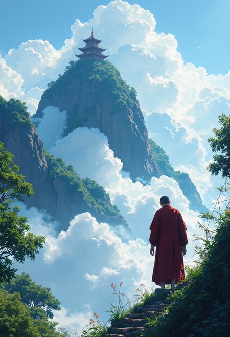 a minimalist digital illustration of a faraway shot of a monk in red robes carrying an  incense burner,  climbing steps of a very high mountain with temple on top, shrouded in clouds,  blue and white clouds and mountain,green trees