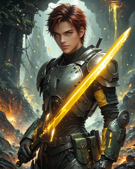 score_9, score_8_up, score_7_up, intricate details, rating_questionable, fantasy setting,
<lora:homri52:1>,
<lora:Plasma_Sword:1>,
1boy(human, young man, japanese, black hair, auburn eyes, science fiction, mercenary, carbon fiber armor, holding a plasma sword, glowing yellow Plasma Sword, crackling yellow energy around the sword, solo, cowboy shot), alien battlefield, craters, trenches, detailed background, depth of field, 
best quality,
<lora:ral-chrosc-clr:0.5>, ral-chrosc-clr,
<lora:Expressive_H:0.5>
<lora:xl_more_art-full_v1:0.3>,
<lora:add-detail-xl:0.3>,