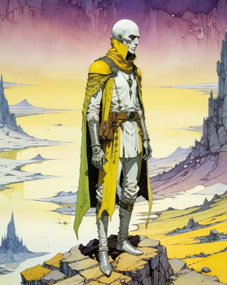 safe for work image of Sheelba of the Eyeless Face, Harry Clarke, volumetric lighting, elvish landscape, white,  intense colors, yellow sky, full body warrior, <lora:add-detail-xl:0.75> <lora:xl_more_art-full_v1:0.5> <lora:Moebius (Jean Giraud) Style:1> Moebius (Jean Giraud) Style page