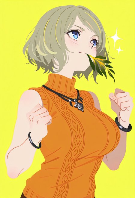 masterpiece, best quality,
<lora:RE4Ashley:1.0>
RE4Ashley, 1girl, blonde hair, short hair, blue eyes,(serious,smile,blush,looking up),(big breasts),(orange sweater,bare arms,bracelet,necklace),(upper body),(holding yellow herb leaves in mouth,clenched hands, triumphant pose),(no lineart,flat color,simple background,yellow background,sparkle pattern background)