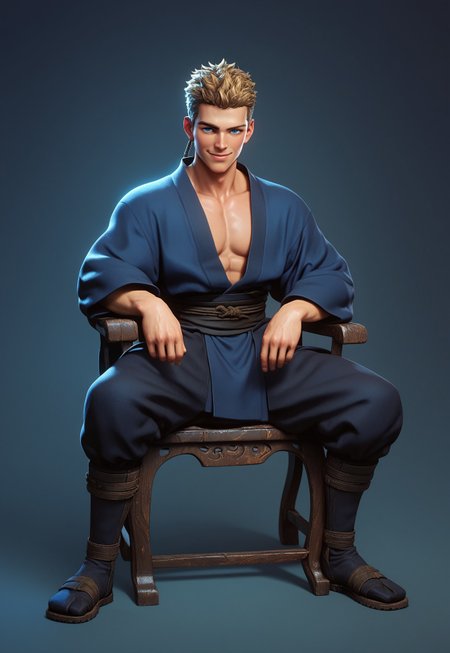 score_9,score_8_up,score_7_up,score_6_up, 1boy, boy,(handsome, cute) solo, blue eyes, blond hair, sitting on chair, smug,, very short hair,(muscular body:0.9)), Sci-fi Environments, Sci-fi chair, jedi robe, 1boy, male focus, full body, XUER martial arts style,