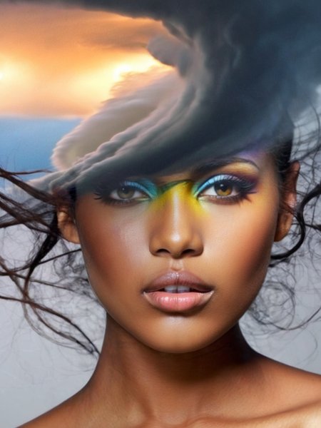 free flowing, high definition, color theory, stunning, sharp focus, close up of head, portrait of a exotic girl,  double exposure, tornado , amora-style <lora:antonio-mora-style:1>