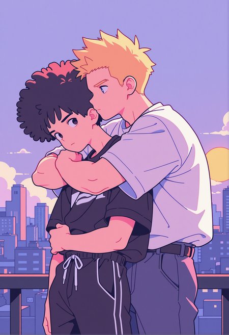 Flatline, Flat vector illustration, 
2boys, hug_from_behind, outdoors, sun, sidelighting, cloudy_sky, streetwear, cityscape,  huge_afro, very_short_hair, blonde_hair, (plump:0.8), (muscular:0.8), spiked_hair,, masterpiece, best quality,  absurdres,  very aesthetic, amazing quality,highres