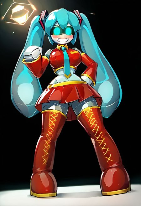 (score_9), score_8_up, score_7_up, score_6_up, [score_5_up, score_4_up], (solo:1.2), low angle, sexy pose, ((glossy inflatable miku hatsune as a robot MD-Doll)), (glistening, glistening body, very shiny glossy reflective inflatable, shiny highlights, (toy proportions:1.5)), (living inflatable, seams, featureless hands, featureless feet, bappers, large bappers, bapper arms, seams on skin), animate inanimate, (short, curvy, wide hips, full body, standing, legs apart, android, joints, MD-Doll black visor with aqua eyes), bottom heavy, (simple rounded inflatable aqua hair with twintails, shiny inflatable aqua twintails with seams), ((MD-Doll)), robot, miku hatsune, shocked, confused, worried, simple background, painted-on smile, permagrin, very shiny, glossy, pooltoy, toy nozzle on stomach, toy handles, shiny painted-on [glossy rubber red crop top, glossy black tank top, glossy rubber aqua necktie, glossy rubber red detached sleeves, glossy rubber red skirt], ((glossy rubber bapper red thigh boots, bapper red thigh boots)), blushing, embarrassed, fingerless, perfect lighting, perfect shading, vibrant lighting, bright highlights, glossy rubber texture, [shiny latex texture], large thighs, large breasts, large simple inflatable head, very shiny rubber inflatable white and grey metal MD-Doll robot skin, glossy white rubber head with black visor