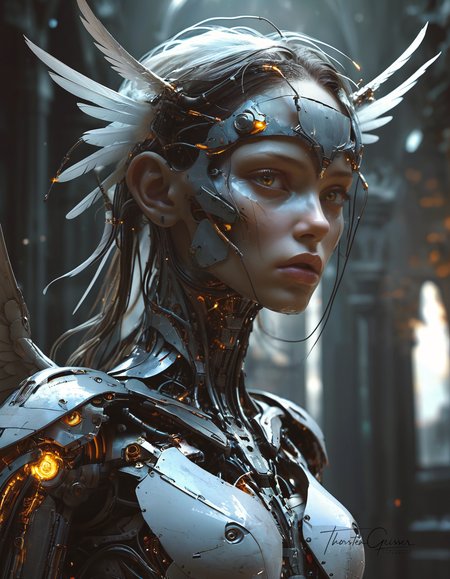 biomechanical cyberpunk A photorealistic portrait of a merciless archangel, their face a vision of divine beauty and unwavering resolve. Their eyes, windows to a soul hardened by countless battles, burn with an intensity that pierces through the veil of reality. Their expression is a symphony of conflicting emotions: righteous fury, unwavering determination, and a hint of sorrow for the fallen. Their wings, a majestic expanse of shimmering feathers, are spread wide, casting a shadow of divine judgment upon the world. The background is a maelstrom of celestial energy, swirling with nebulae, stars, and distant galaxies, creating a sense of infinite power and cosmic scale. The lighting is dramatic, highlighting the archangel's sculpted features and the intricate details of their flowing hair and wings. The overall effect is one of awe and reverence,  <lora:MJ52.safetensors:0.60>   . cybernetics, human-machine fusion, dystopian, organic meets artificial, dark, intricate, highly detailed