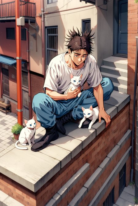 1boy, male focus, choso \(jujutsu kaisen\), jujutsu kaisen , (90s anime style:1.5), front view, outdoors, street view, (looking down:1.3), perfecteyes, isometric, sitting on stairs, shirt, denim shorts, 1 white cat sitting next to them, petting the cat <lora:detailed_notrigger:1> <lora:ParchartXL_CODA:0.2> <lora:Isometric Cutaway:1> <lora:PerfectEyesXL:1> <lora:ral-drptpl:0.1> <lora:FILM_PHOTOGRAPHY_STYLE:0.6> <lora:Surreal Harmony:0.2>