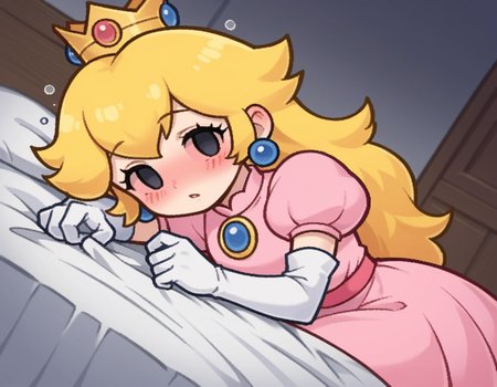 score_9, score_8_up, score_7_up, source_anime,
princesspeach, <lora:paper-peach-ingame-ponyxl-lora-nochekaiser:0.8>,
peach, long hair, blonde hair, chibi, solid oval eyes, no sclera, black eyes, eyelashes,
gloves, dress, jewelry, earrings, elbow gloves, crown, pink dress,
indoors, bed, bed room, on side, blush, drunk,
looking at viewer, solo, dutch angle, cowboy shot,