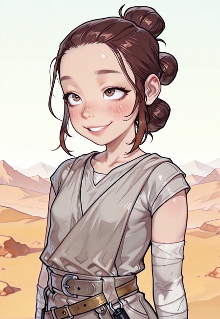 4k, fine detail, high quality eyes, masterpiece, best quality, amazing quality, geh1, 4s0r4, eigaka, possmach, artist:moriimee, 1 girl, solo girl, young, reycomic, sidelocks, hair bun, brown hair, brown eyes, grey tunic, bandages, shorts, belt, desert, smile, blush, upper body,