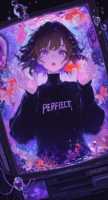 masterpiece, best quality, good quality, very awa, newest, highres, absurdres, 1girl, solo, looking at viewer, open mouth, short hair, shirt, brown hair, black hair, long sleeves, purple eyes, upper body, water, english text, sweater, hands up, clothes writing, fish, bubble, underwater, black sweater, cable, air bubble, television, surreal, submerged, goldfish, crt, limited palette, glowing, psychedelic, <lora:illustriousXL_stabilizer_v1.23:0.3> <lora:NOOB_vp1_detailer_by_volnovik_v1:0.3> <lora:ponyv6_noobE11_2_adamW-000017:0.3> <lora:114558v4df2fsdf5:0.6> <lora:XXX667:0.4> <lora:mon_monmon2133:0.5>