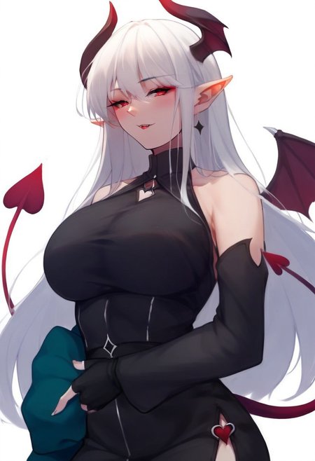 ShimmerStyle, score_9, score_8_up, score_7_up, highest quality, source anime, masterpiece,
naughty face, blush, 
dynamic angle,
woman, solo, female, sexy body, (huge breast), (detailed skin),
(white hair, long hair, pointy ears, succubus, demon, succubus tail, bat wings),
red eyes, perfect eyes (high res eyes), detailed eyes, perfect human anatomy, 
long sleeves, detached sleeves, black shirt, fingerless gloves, black gloves,
black_stockings, eyeliner, black_eyeliner,