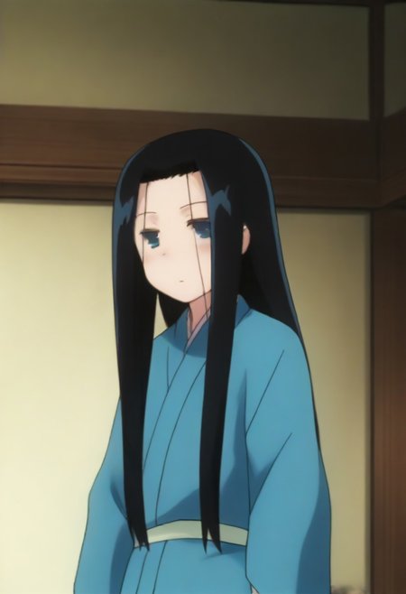 Masterpiece, Top Quality, source_anime, anime screencap, source_anime, auratheguillotine, anime screencap, masterpiece, source_anime, shiny skin,,,,anrakutei, blue_eyes, black_hair, very_long_hair, blue_kimono, long_sleeves, wide_sleeves,