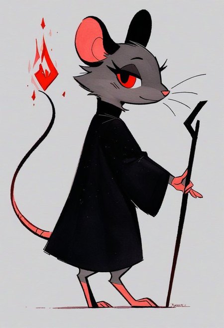 score_9, score_8_up, score_7_up, score_6_up, score_5_up, score_4_up, a semi-anthro mouse woman holding a staff, (mouse), black dress, furry, source_furry, (source_cartoon), female, feminine, full body shot, (feral:1.3), drawing, dark fur, black ears, (grey fur), watercolor, standing, red eyes