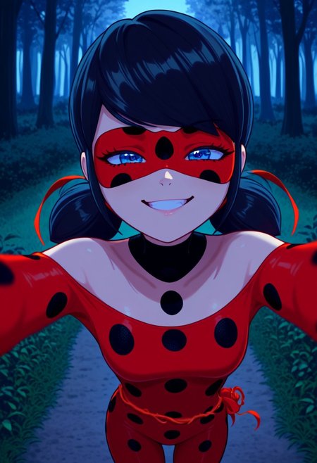 bright colors, detailed background,, volumetric light, vivid colours, standing,
looking at viewer, outdoors, overcast, dark, forest, vines, ponypositive, solo, solo focus, open hands on hip, single eyebrow lifted, smirk,
Miraculous, red suit with black spots all over her body, red mask covering her eyes, shoulder-length black hair with blue reflections tied back in pigtails, bright bluebell eyes,
Smooth Quality,
best quality, hyper detailed, ambient stylish expressive lighting, absolutely eye-catching masterpiece, body extremely close-up view, (facing viewer), forward, face extremely close-up shot, chest focus, selfie,