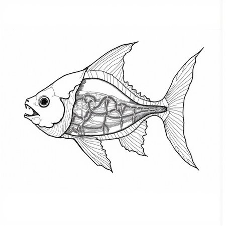 Sketch, aidmaHyperrealism, Anatomically Correct Drawing of the Fusion between a fish and a Snake. The Creature shows intricate details to the inner organs with descriptions and lines like a Blueprint.