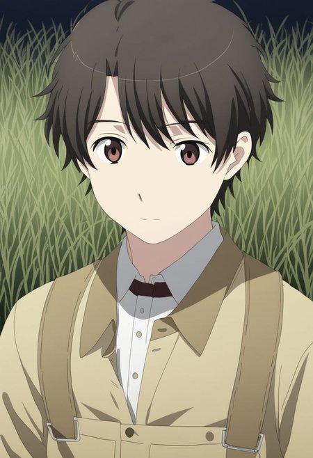 high resolution, solo, best quality, 1Boy, Inaho Kaizuka, Black Hair, Brown Eyes, grass, middle night, OverallDetail