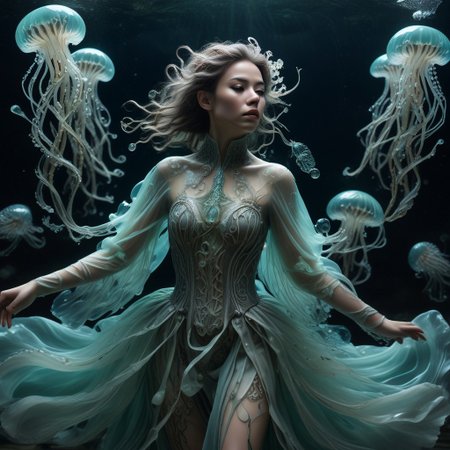long mid shot portrait photography of an ethereal warrior, (glowing runes: 1.1), fairytale aesthetic. light green sheme, Photorealistic, intricate details, realism, sfw, ultrasharp,photography, floating, dress, water, under water, jellyfish, haute couture, tentacles, bioluminescence
