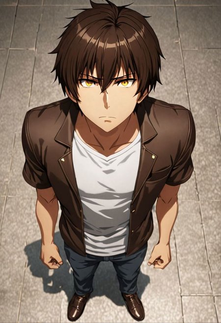 Highres, Masterpiece, High Quality, 4K, 8K, solo, 1Boy, Seiya Kanie, short dark brown hair, golden eyes, standing, straight facing upwards, casual, seen from above, arrogant face, dominant, intimidate, easynegative, detailed_eye_model