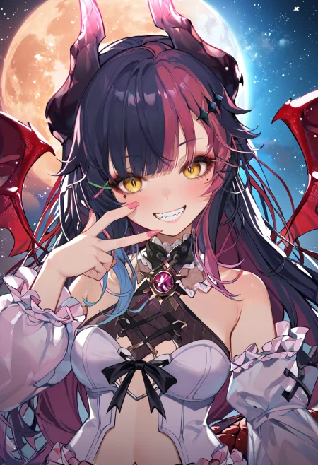 score_9_up, score_8_up, score_7_up, score_6_up, sourced_anime, 1girl, (SudaYoruka:1.1), dragon horns, dragon tail, dragon wings, (mini wings:1.2), highly detailed yellow eyes, looking at viewer, (crazy eyes:1), evil grin, 
interesting background, detailed background, aerial, cinematic angle, dynamic angle, (dynamic pose:1.3), gradient, starry sky, blue sky, cloudy sky, (finger gun:1), cowboy shot, moon, 
<lora:SudaYorukaXL_autismmixPony2:1.1>, <lora:Shine_colorful_XL_15E2B3A3C_RT:1.2>, (Shine colorful:1.2), <lora:add-detail-xl:0.5>, rating_safe, sfw, masterpiece, newest, absurdres