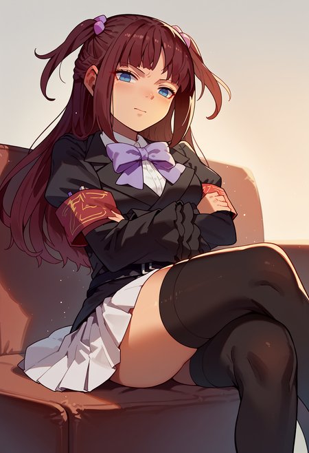 score_9, score_7_up, source_anime, BREAK  <lora:Ange 4:1> Ange, brown hair, two side up, blue eyes, white shirt, purple bow, black jacket, single armband, black belt, white skirt, frilled sleeves, black thighhighs, crossed legs, crossed arms, solo, <lora:muk_pony_v2:1>