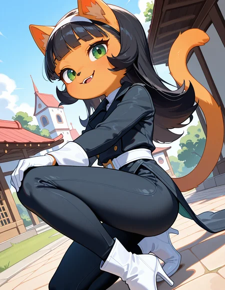 masterpiece, best quality, very aesthetic, absurdres,
outdoors, posing, 
white gloves, white high heel boots, black pants, black jacket, long sleeves, 
smile, parted lips, fangs, 
<lora:Kitty_Katswell_v01_NAIXL:1>
K1tty_Kat6w3311, 1girl, solo, furry, furry female, animal ears, long hair, black hair, hairband, blunt bangs, flipped hair, green eyes, animal nose, body fur, orange fur, cat tail,