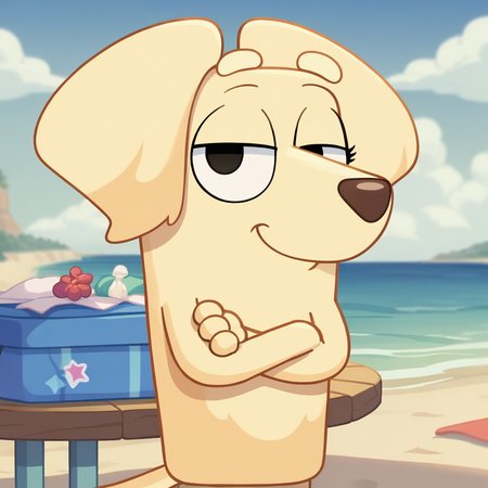 score_9, score_8_up, BREAK  <lora:janelleb:1> janelleb, furry, dog, smile, crossed arms, beach,