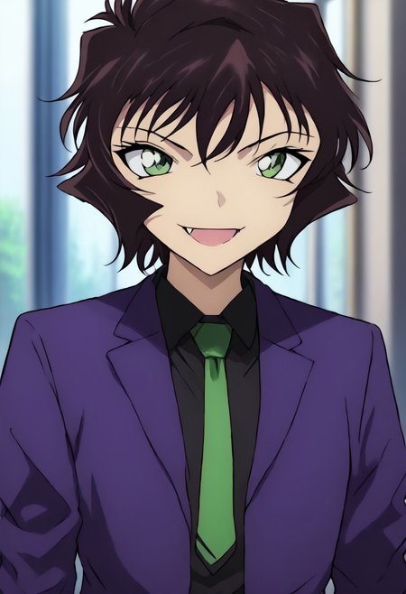 score_6_up, Light Outline, 
((1girl,solo,Portrait,front view,girl,))
Masumi Sera,brown hair, green eyes, short hair, jacket, skirt, shirt, long sleeves, school uniform, jacket, white shirt, pleated skirt, necktie, collared shirt, miniskirt, blue skirt, blazer, blue jacket, green necktie, 
light smile, face, 
(blurry background,)
 <lora:PONY_Masumi_Sera_Anime_Detective_Conan:0.8> Masumi Sera,brown hair, green eyes, short hair, jacket, long sleeves,jeans,sera masumi, short hair, black hair, green eyes, fang, small breasts, school uniform, full body,thin waist,goth girl,emo,goth makeup,