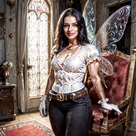 Action scene, Photo realistic, hyper realistic, score_9, rating_safe, solo (arch fey woman, (beautiful detailed face), (violet eyes), (bronze metallic gold skin ral-polishedsteel), (pirate, white blouse, black pants, gloves), (fairy wings), (long black hair), (thick thighs | large muscles), (sword belt)), standing next to a throne, in a detailed throne room, hi res, hi quality, 4k, realism