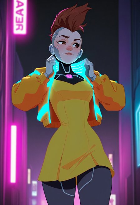 masterpiece, best quality, absurdres, perfect quality, absolutely eye-catching, 
android girl, robot girl, silver flesh, human skin face, android, 1girl, brown hair, brown eyes, mohawk, cyberpunk, yellow dress, neon glowing jacket, battery plugged in
City alley, dified, MSMLN,