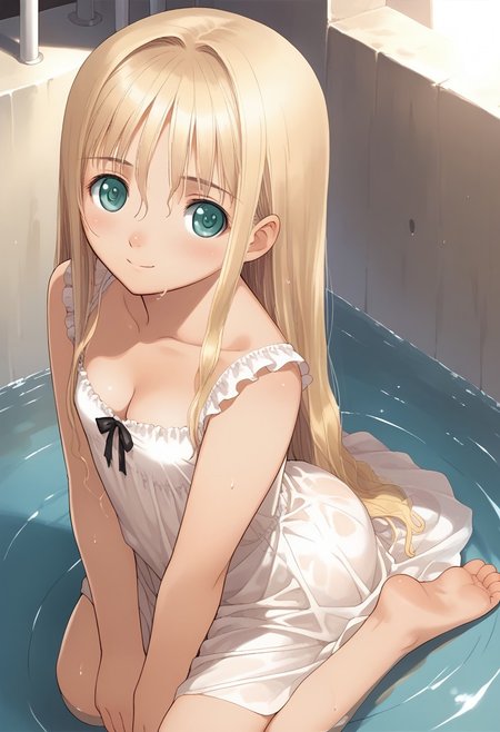 hortensia,score_9,score_8_up,score_7_up,source_anime,best quality,masterpiece,super fine illustration,from_above,1girl,solo,adorable_girl,flat_chest,small_cleavage,smile,shy,very_long_hair,white_long_dress,loose_dress,dungeon_indoors,back,looking_at_viewer,kneeling,feet,toes,focus_on_feet,soles,(wet:1.0),water