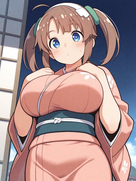 masterpiece, best quality, good quality, masterpiece, best quality, very aesthetic, (tsuvida:0.5)
Minori_IL, blue eyes, brown hair, white hair ornament, green scrunchie, twintails, huge breasts, ahoge, BREAK, kimono
solo, japanese village
<lora:Minori_IL:1>
<lora:ponyv5_noobE11_1_adamW:0.7>
<lora:ai_styles_collection_noob_vpred-0.6_v3:0.5>