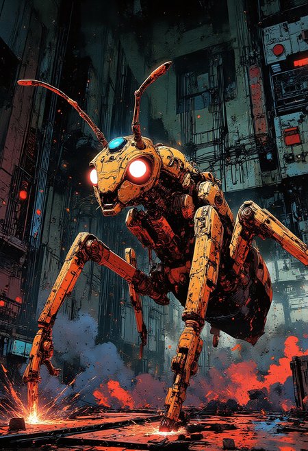 A futuristic biomechanical ant, intricately designed with a fusion of advanced cybernetic components and organic insect anatomy. The exoskeleton is composed of metallic plating with glowing orange circuitry, seamlessly integrated with gears, wires, and mechanical joints. The ant's head features two large, luminous red eyes and a small blue sensor, resembling a high-tech scanning device. It moves across a complex cybernetic surface, surrounded by sparks and ambient neon lighting, creating a dynamic sci-fi atmosphere. The environment appears like a futuristic industrial facility or an alien spacecraft, filled with intricate machinery and glowing panels
