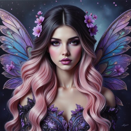 oil painting portrait in the style of Keith Garvey, a boujee fairy, with large iridescent wings, with long, wavy pink and black hair cascading down her shoulders. gorgeous eyes, with dark, dramatic purple eyeshadow and long, thick lashes. Her lips are painted a deep purple, She wears a periwinkle spring dress with intricate patterns and a dark veil adorned with delicate purple and pink flowers. blossoms fall gently in the background, creating a mystical and ethereal atmosphere. starry bg  <lora:Detailer2K:0.40> <lora:Dever_Flux_Enhancer:0.50>  <lora:Midjourney_-_SemiReal_Dreams_FLUX_LoRA:0.45> <lora:rendered_face_test:0.45> <lora:TEST_1:0.50>  <lora:OBååå®èåç»V2.0 semi realistic colored pencil potrait:0.55> <lora:Flux.Daddario:0.45> <lora:JessicaAlbaV1:0.45> <lora:New_Iridescent_Jelly:0.45>