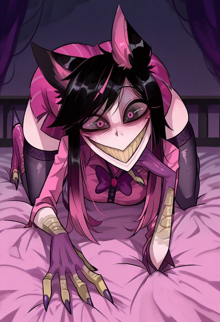 Alastoria, pink hair, pink eyes, pink peacoat, bowtie, short skirt, black thigh highs, animal ears, pink skirt, pink high heels, purple gloves, 748cmstyle, easynegative, smile, looking at viewer, smiling, seductive, teasing, flirting, grin, crawling on bed, momocreepypasta, long hair, black hair, black eyes, wide eyed, wide smile, scuted arms, scuted legs, scutes, bird claws, talons