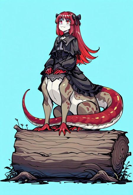 1girl, :3, amphibian eyes, blue background, bow, centauroid, colored skin, hair bow, hair ornament, hair ribbon, log, long hair, looking up, sitting on log, monster girl, multicolored hair, multicolored skin, red eyes, red hair, ribbon, salamander, tail, taur, webbed feet , webbed hands general, safe, (masterpiece:1.2),(best quality:1.2), monochrome, sketch, (flat color:0.5), (Semi realistic:0.3), (minimalistic:0.6), ink scenery, muted color, ink art , newest, ai-generated,anime screencap, intricate details, Goth girl, Goth girl 1girl,tokiame, , ,flatstyle, flat color, outlines,, afkArenaStyle