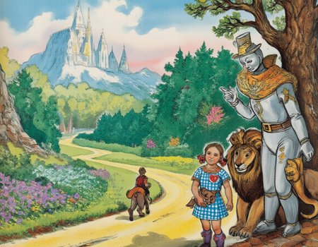Colored Pencil Art, <lora:vladimirsky:1>, This is a whimsical and enchanting illustration in the style of a brightly colored pencil drawing, inspired by the magical world of The Wizard of the Emerald City by Alexander Volkov. The scene depicts a breathtaking moment from the book, filled with wonder, adventure, and the charm of Oz-like landscapes., 
At the heart of the composition stands Elena (or Ellie), the young heroine, dressed in her iconic blue-and-white checked dress, which is rendered with soft pastel tones and intricate textures to highlight its simplicity yet charm. She holds Totoshka, her loyal dog, close to her chest as they stand at the edge of a winding yellow brick road that stretches into the distance, disappearing into an emerald-green forest. Her expression is one of curiosity and determination, reflecting her brave journey ahead., 
Surrounding Elena are her companions:, 
Strasheelo (Scarecrow) leans casually against a tree trunk, his body made entirely of straw, with stitches and patches clearly visible on his fabric clothing. His face, drawn with delicate shading, shows intelligence and warmth despite being devoid of a brain., 
Zhelezoed (Tin Woodman) stands proudly nearby, his metallic body gleaming with reflections of gold, silver, and copper created through layered colored pencils. His heart-shaped emblem on his chest shines brightly, symbolizing his quest for love and compassion., 
Lev (Cowardly Lion) crouches protectively beside Elena, his golden mane flowing dramatically in the breeze. His features combine strength and vulnerability, capturing his inner struggle for courage., 
In the background, the landscape unfolds in layers of vibrant colors:, 
A vast meadow filled with wildflowers in every hueâblues, purples, yellows, and pinksâstretches toward the horizon., 
In the distance, the spires of the Emerald City rise majestically, their green glow enhanced by subtle highlights and shading techniques., 
Above, the sky transitions from soft morning pink near the horizon to deep azure overhead, dotted with fluffy white clouds., 
Every element in the frame contributes to the mood:, 
Color Palette : Rich, harmonious colors achieved through layered colored pencils bring life to the characters and scenery. Soft pastels for Elena's dress contrast beautifully with the bold greens of the forest and the metallic sheen of Zhelezoed's body., 
Texture & Technique : The use of colored pencil textures emphasizes the unique qualities of each characterâthe roughness of Strasheeloâs straw stuffing, the smooth shine of Zhelezoedâs metal surface, and the soft fur of Levâall rendered with meticulous attention to detail., 
Emotional Depth : The scene radiates hope, friendship, and adventure. Each characterâs expression and posture convey their individual journeys while uniting them in a shared goal., 
The overall tone of the image is joyful, dreamlike, and inspiring, celebrating themes of friendship, self-discovery, and the power of belief. It invites viewers to step into the magical world of the Emerald City and join Elena and her friends on their incredible journey., 
Additional keywords: whimsical art, fairy tale illustration, colorful pencil drawing, fantasy landscape, Volkov inspiration, Wizard of Oz adaptation, vibrant textures, cartoonish realism, magical realism, enchanted atmosphere., colored pencil strokes, light color, visible paper texture, colored pencil art
