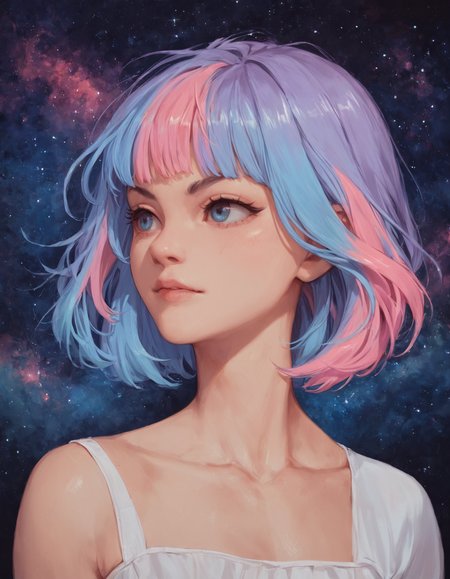 score_9, score_8_up, score_7_up, score_6_up, score_5_up, 1girl, portrait,  multicolored hair, fringe, bare shoulders, upper body, cosmic, collarbone,<lora:ra1nfall:1>