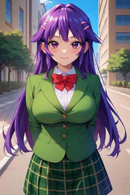score_9, score_8_up, score_7_up, score_6_up, source_anime, 1girl, solo, <lora:shiinachizuru-pdxl-nvwls-v1-000005:1> schzru, purple hair, long hair, purple eyes, hairclip, green blazer, red bow, bowtie, green skirt, plaid skirt, large breasts, looking at you, upper body, blue sky, trees, city, happy, blush, thighs, smile, arms behind back